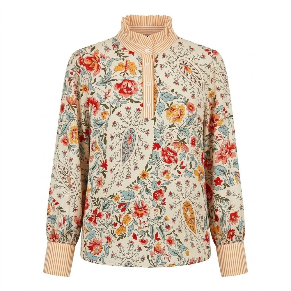 NEW Cherry Betty Floral Paisley Henley Shirt Cream Large Long Sleeve